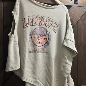 Free People Lacrosse Boho Preppy Gray Pink Asymmetrical Sweatshirt Size M